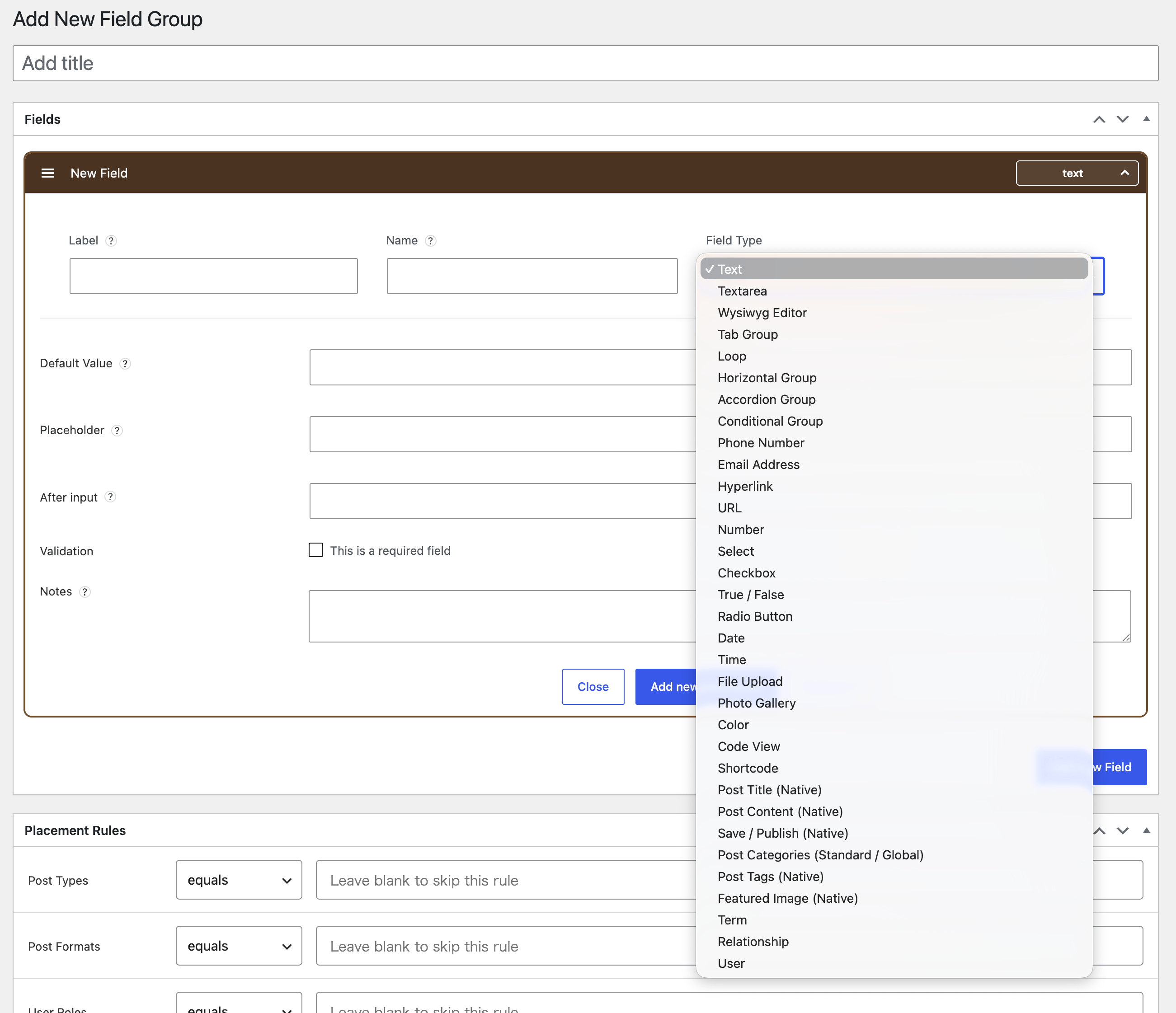 The atshift Fields field group editor
