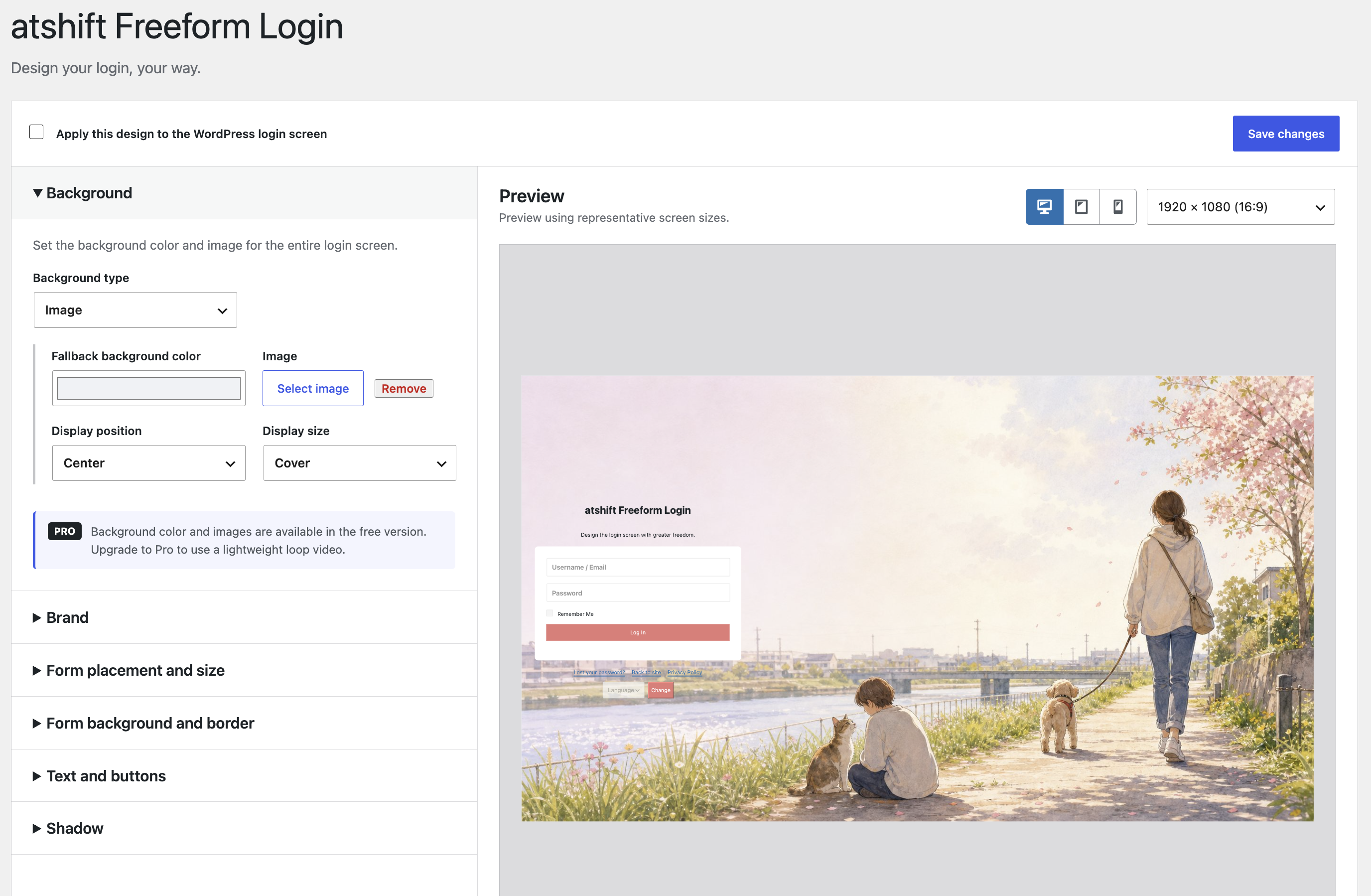 Freeform Login design settings