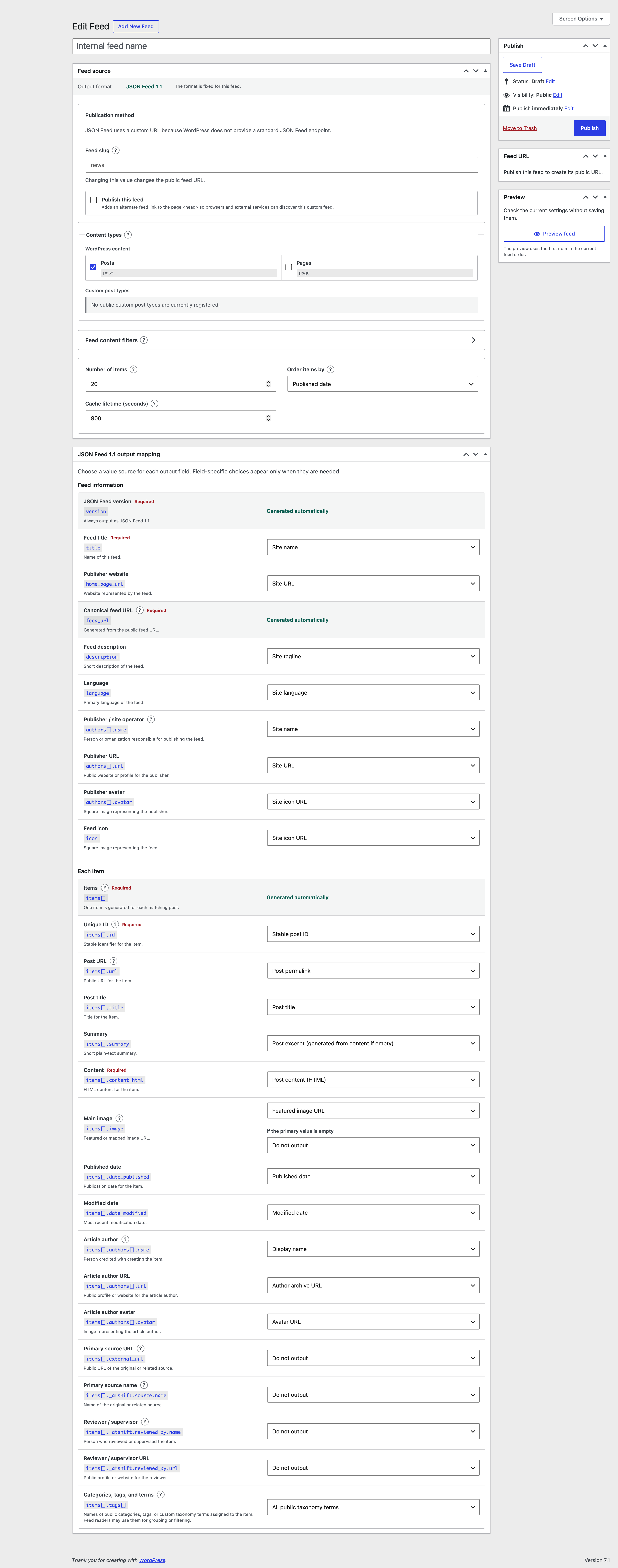 JSON Feed 1.1の編集画面