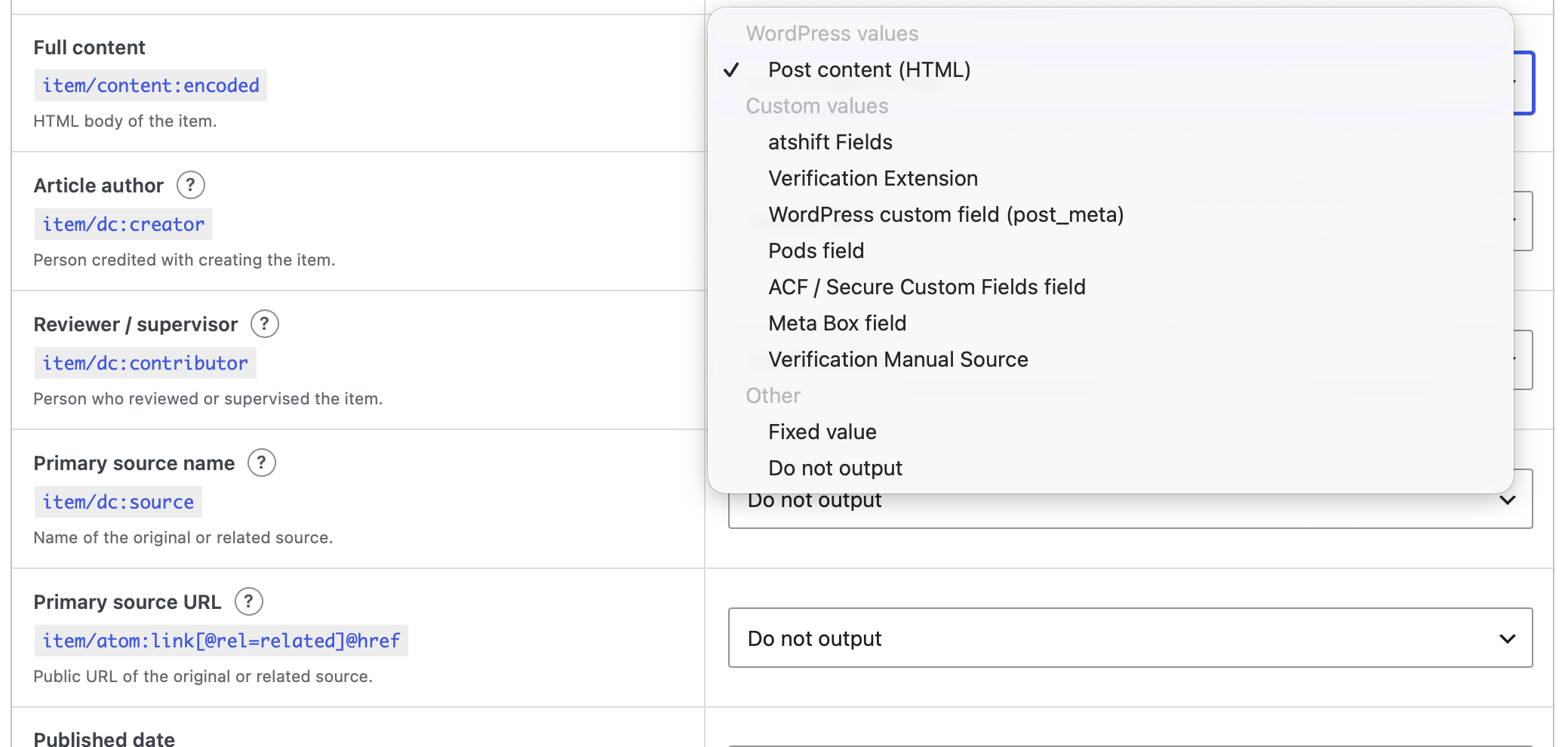 Feed Builderで値ソースを選ぶ画面